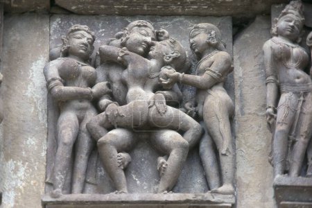 Erotic stone carving on Vishvanatha Temple, Khajuraho, Madhya Pradesh, India, Asia