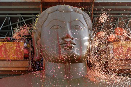 Téléchargez les photos : Fleurs saupoudrées sur une statue de 18 mètres de haut de Bhagwan Gomateshwara Bahubali lors du festival Mahamasthakabhisheka Jain qui se tient une fois tous les douze ans ; Shravanabelagola ; district de Hassan ; État du Karnataka ; Inde - en image libre de droit