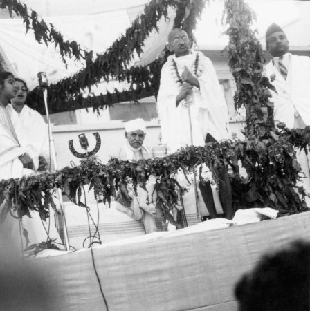Photo for Mahatma Gandhi during the opening ceremony of Kamla Nehru Memorial Hospital at Allahabad, 28th February 1941, Madan Mohan Malaviya and Dr. Jivraj Mehta, India - Royalty Free Image