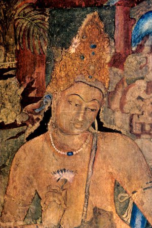 Téléchargez les photos : Bodhisatva avec Lotus dans la main peinture grotte ; Ajanta grotte ; Aurangabad ; Maharashtra ; Inde - en image libre de droit