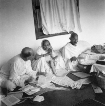 Photo for Mahadev Desai, Kasturba Gandhi and Mahatma Gandhi at Abotabad Peshawar, October 1938 - Royalty Free Image