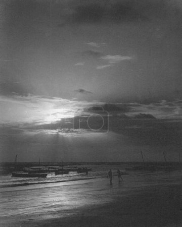 Photo for Old vintage black and white early 1900s silver gelatin toned print Indian fishing boats beach India - Royalty Free Image