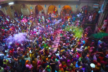 Photo for People throwing colored powder Banke Bihari Temple, Uttar Pradesh, India, Asia - Royalty Free Image