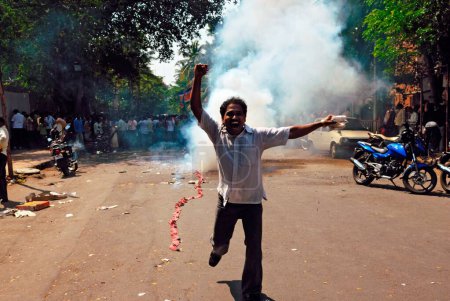 Photo for Maharashtra Navnirman Sena mns supporter celebrate Bombay, Mumbai, Maharashtra, India - Royalty Free Image