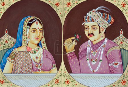 Téléchargez les photos : Peinture miniature d'Akbar et Jodha Bai Inde Asie - en image libre de droit