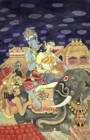 Foto de Hinduismo, arte hindú, arte de la academia himalaya, religión, espiritualidad, artista S. Rajam, vishnu, avatar, krishna, elefante, rey, paseo, guardias, kumbha - Imagen libre de derechos