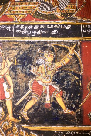 Foto de Murales Ramayana del siglo XVIII en las murallas del palacio de Bodinayakanur, Tamil Nadu, India - Imagen libre de derechos