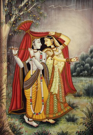 Photo for Radha Krishna miniature painting in monsoon on paper - Royalty Free Image
