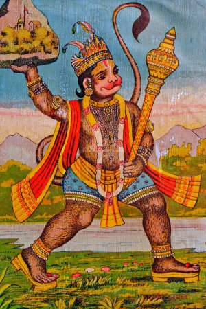 Painting of hanuman in ram mandir , Idar , Sabarkantha , Gujarat , India