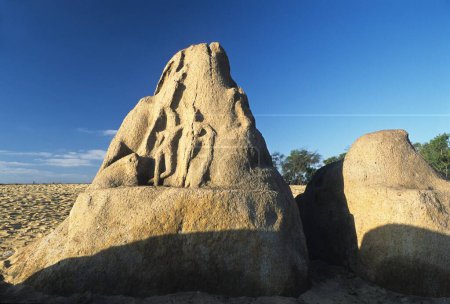 Rock carving unearthed by tsunami , Mahabalipuram Mamallapuram , Tamil Nadu , India