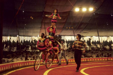 Foto de Chicas realizando Equilibrio en Ciclo en circo - Imagen libre de derechos