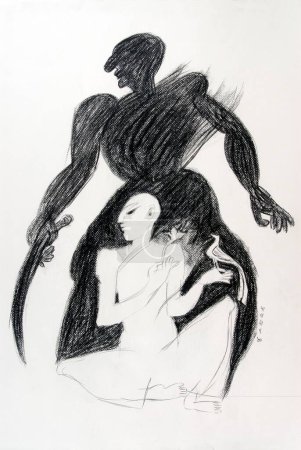 Photo for Man and his inner heart charcoal drawing on handmade paper - Royalty Free Image
