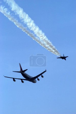 Commercial airliner fly past with fighter aircraft during air show by Indian Air Force ; Bombay now Mumbai  ; Maharashtra ; India