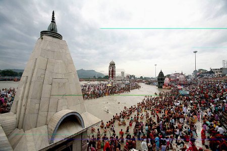 Téléchargez les photos : Les dévots faisant trempette sainte, Har Ki Pauri signifie littéralement les traces du Seigneur est considéré comme le Ghat le plus sacré de Haridwar sur les rives de la rivière Ganga, Uttaranchal, Inde - en image libre de droit