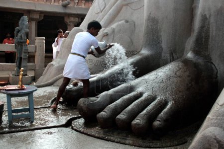 Téléchargez les photos : Dévot Jain verser de l'eau à pied de saint gomateshwara bahubali, Shravanbelagola, Hassan, Karnataka, Inde - en image libre de droit
