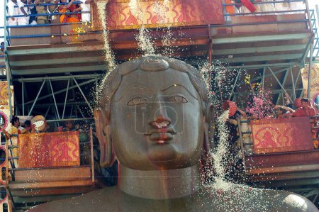 Téléchargez les photos : Fleurs se douchant sur 57 pieds de haut statue du seigneur Bahubali connu sous le nom de Gomateshvara dans Mahamasthakabisheka célébration à Sravanabelagola dans le district de Hassan du Karnataka, Inde - en image libre de droit