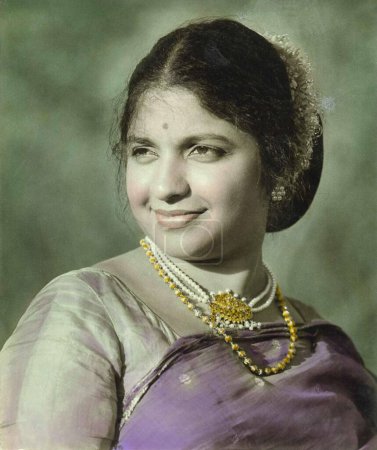 Photo for Old vintage original black and white 1900s silver gelatin print hand colored portrait Indian woman India 1940s - Royalty Free Image