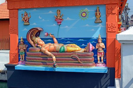 Anantashayana Vishnu Skulptur an Wänden des Sri Padmanabhaswami Tempels, Thiruvananthapuram, Kerala, Indien