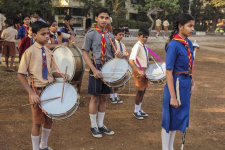 Photo for School children playing drums, mumbai, maharashtra, india, asia - Royalty Free Image
