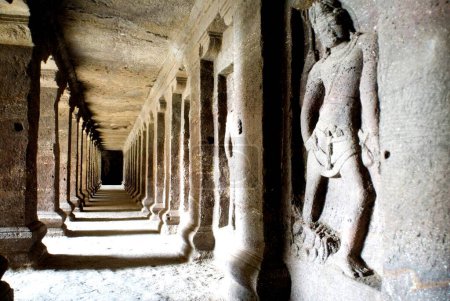 Statue carved on wall and pillars in Kailash temple ; Ellora caves ; Aurangabad ; Maharashtra ; India