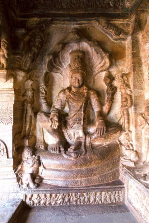 Vishnu Seated on Adisesha cave three ; cave temple 6th century 578 AD ; Badami ; Karnataka ; India