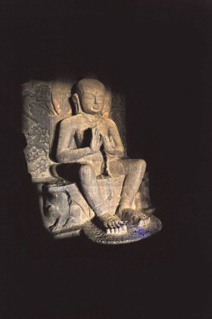 Buddha statue in cave temple hinyana pandav caves first century BC to second century AD ; Satavahana ; Nasik ; Maharashtra ; India