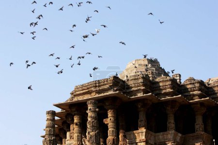 Téléchargez les photos : Les pigeons ont des vols au-dessus du temple Modhera Sun (1026 A.D.) situé à une distance de 102 kms d'Ahmedabad sur la rive de la rivière Pushpavati ; Gujarat ; Inde - en image libre de droit