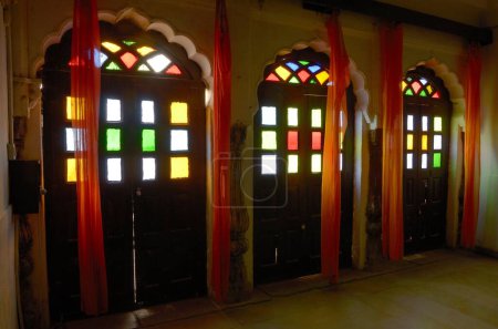Colored glass doors, Jaisalmer fort, Jaisalmer, Rajasthan, India, Asia