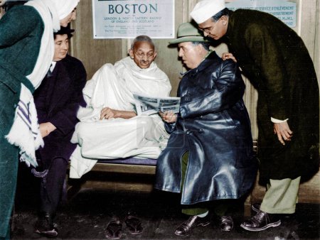 Photo for Mahatma Gandhi and Mirabehn being received by delegation of Socialist Party, Vallorbe, December 6, 1931 - Royalty Free Image