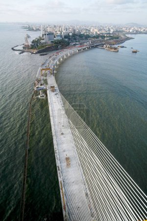 Photo for View of under construction Bandra Worli sea link is 8 lane twin carriageway cable stayed bridge ; Bombay Mumbai ; Maharashtra ; India - Royalty Free Image