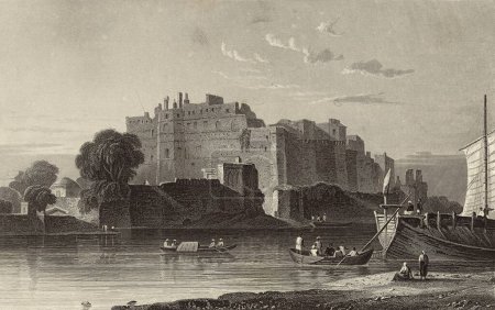 Téléchargez les photos : Peinture Miniature, Un vieux fort à Muttra Mathura sur les rives du Gange, Inde du Nord, 19ème siècle - en image libre de droit