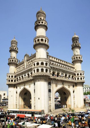 Charminar built by Mohammed quli qutb shah in 1591 standing 56 meter High and 30 meter wide ; ; Andhra Pradesh ; India