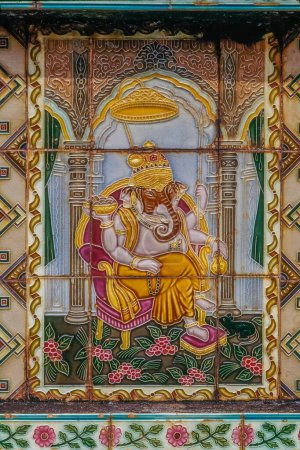 Ganpati painting on tulsi vrindavan ceramic tiles, mangeshi temple, Goa, india, asia