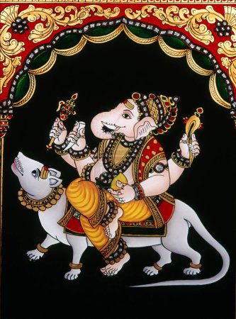Photo for Tanjore Glass Painting of Ganesh ganpati God sitting on rat - Royalty Free Image