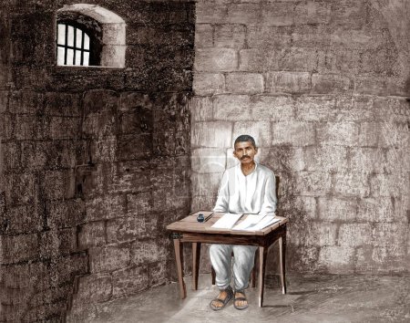 Photo for Old vintage Drawing of Mahatma Gandhi in prison in South Africa, 1908 - Royalty Free Image