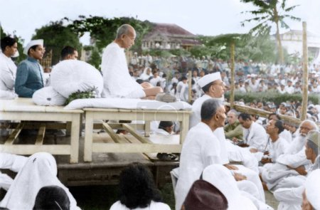 Photo for Mahatma Gandhi during prayer meeting, Mumbai, Maharashtra, India, Asia, 1945 - Royalty Free Image