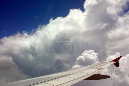Aerial view of aeroplane wing in blue sky 