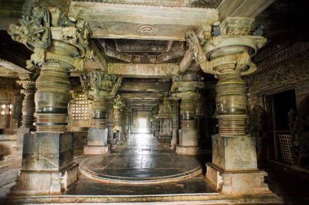 Statues and pillars in garbhagruha of hoysaleswara temple ; Halebid Halebidu ; Hassan ; Karnataka ; India