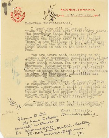 Téléchargez les photos : Tête de lettre avec sceau royal ou armoiries 29 / i / 1944 ; Lathi ; Saurashtra ; Gujarat ; Inde - en image libre de droit