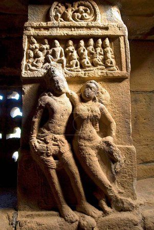 Patrimonio de la Humanidad por la UNESCO; esculturas en el templo de Papanatha del siglo VIII dedicado a Mukteswara en Pattadakal; Karnataka; India