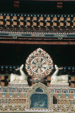 Símbolo budista de paz en Bután, Bodh Gaya, Bihar, India, Asia