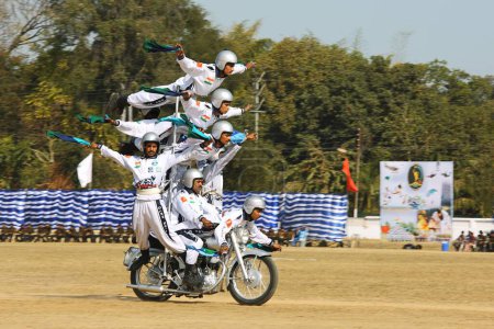Photo for Indian Army performing Synchronised balancing act on motor cycles at Jabalpur Madhya Pradesh India Asia - Royalty Free Image