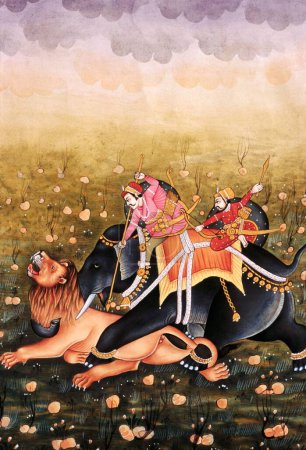 Photo for Miniature painting on paper , mughal king hunting - Royalty Free Image
