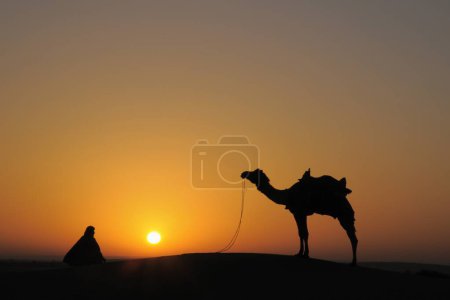 Téléchargez les photos : Glorieux lever de soleil homme avec chameau sur les dunes de sable ; Jaisalmer ; Rajasthan ; Inde - en image libre de droit