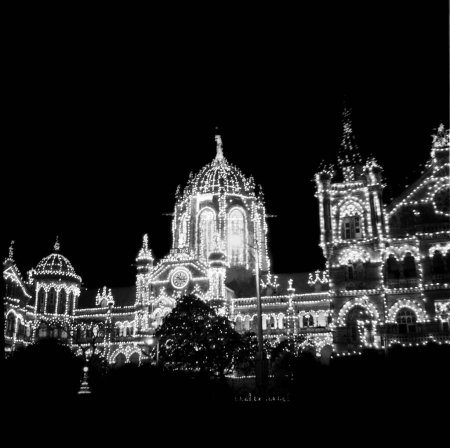 Photo for Night view of Victoria Terminus lit on January 26 ; Bombay Mumbai ; Maharashtra ; India - Royalty Free Image