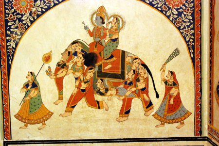 Indra on Wall frescoed paintings in Poddar Haveli Museum  ; Nawlgarh ; Rajasthan  ; India