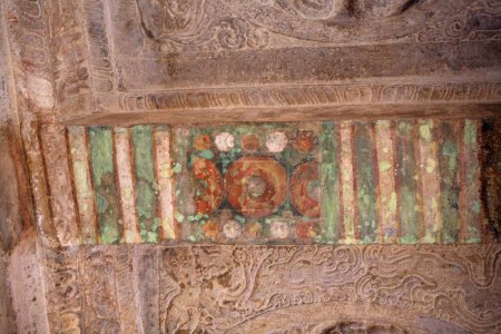 Badami , Chalukya , Cave 3 ,( 575 A.D. - 585 A.D)., Dedicated To Vishnu , Ceiling Painting , UNESCO World Heritage Site , Rock Cut Cave Temple , District Bagalkot, State Karnataka , Deccan Plateau , India