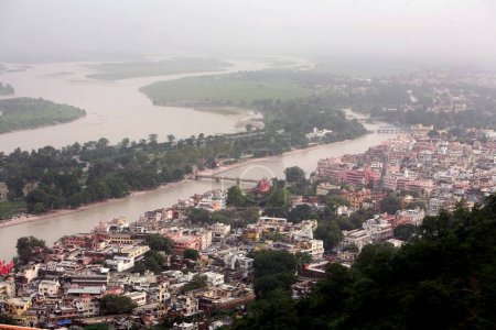 An aerial view of Haridwar, the holy city of Hindus situated on the banks of river Ganga in the Uttaranchal, India 