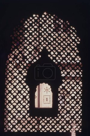 Fenêtre sculptée en pierre, Palais municipal, Fort de Jaisalmer, Rajasthan, Inde, Asie
