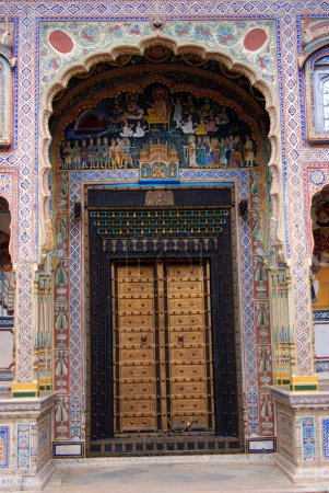 Portals & Wall frescoed paintings in Poddar Haveli Museum  ; Nawlgarh ; Rajasthan  ; India